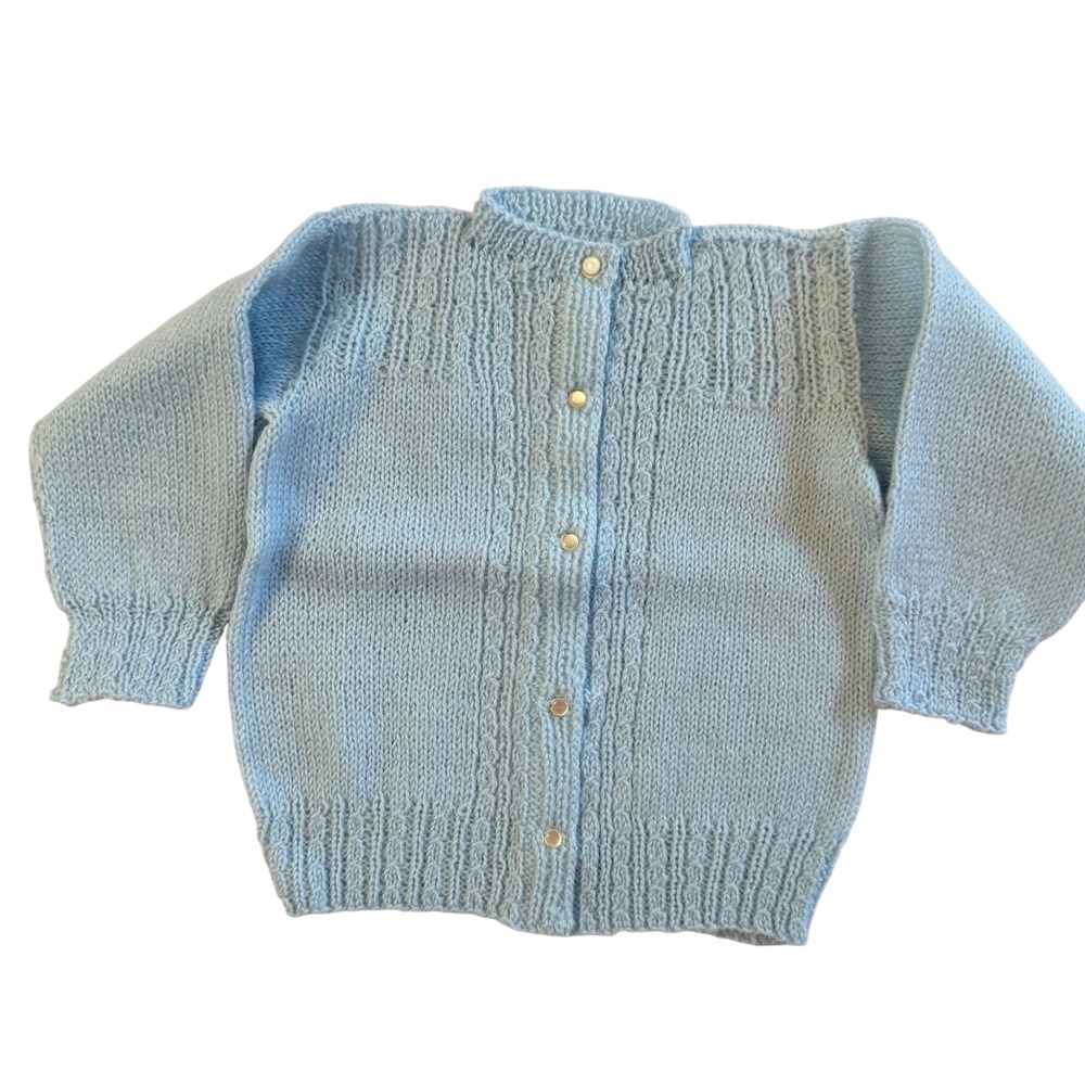 Hand Knit Baby Cardigan Sweater 6-12M Blue Button Front Cable Trim Heirloom